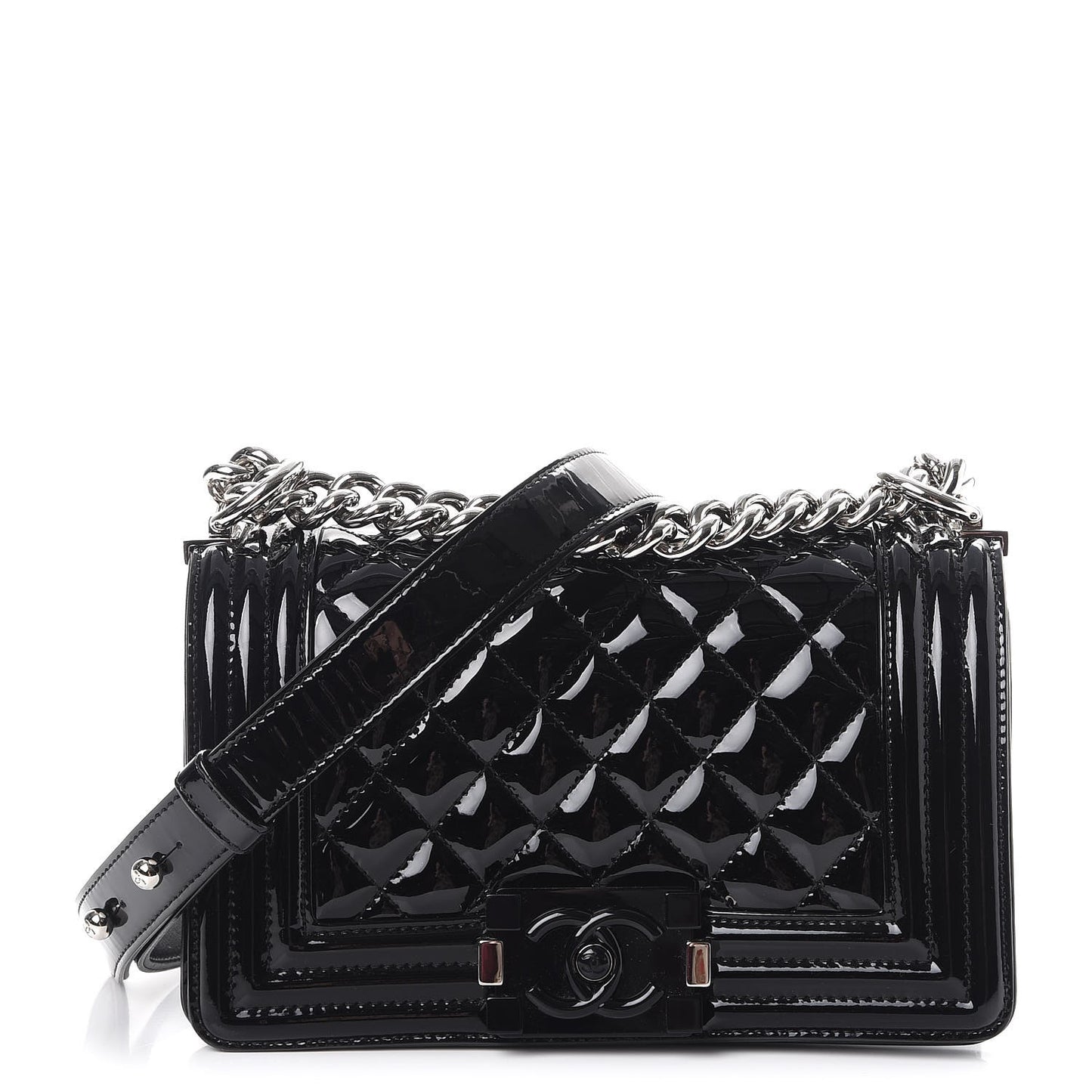 Patent Calfskin Quilted Small Boy Flap Plexiglass Black