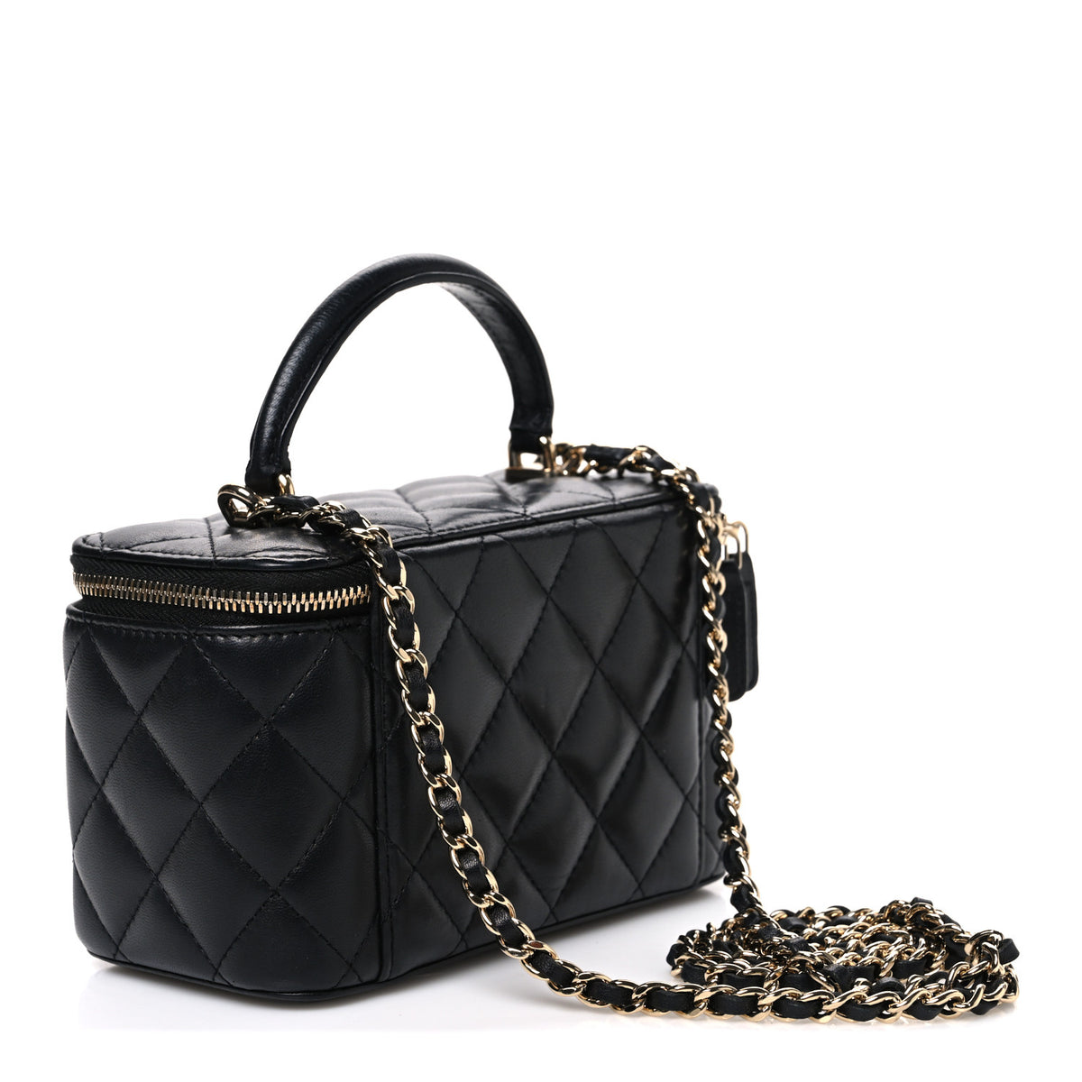 Lambskin Quilted Small Top Handle Vanity Case With Chain Black