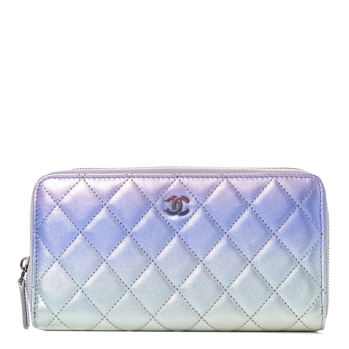 Gradient Metallic Calfskin Quilted Large Gusset Zip Around Wallet Purple Silver Blue Yellow Purple