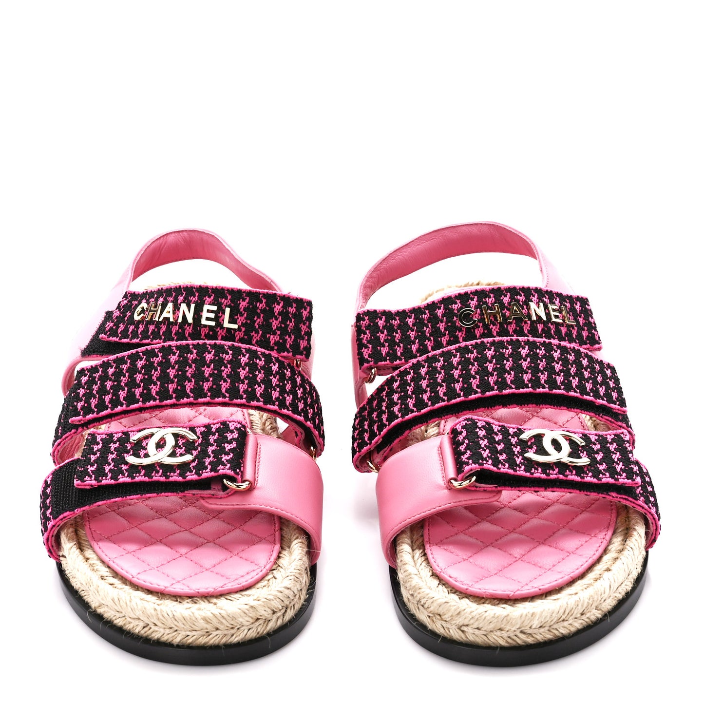 Stretch Fabric Lambskin CC Flat Sandals 37 Pink Black
