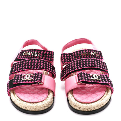 Chanel Stretch Fabric Lambskin CC Flat Sandals 37 Pink Black 2 of 9