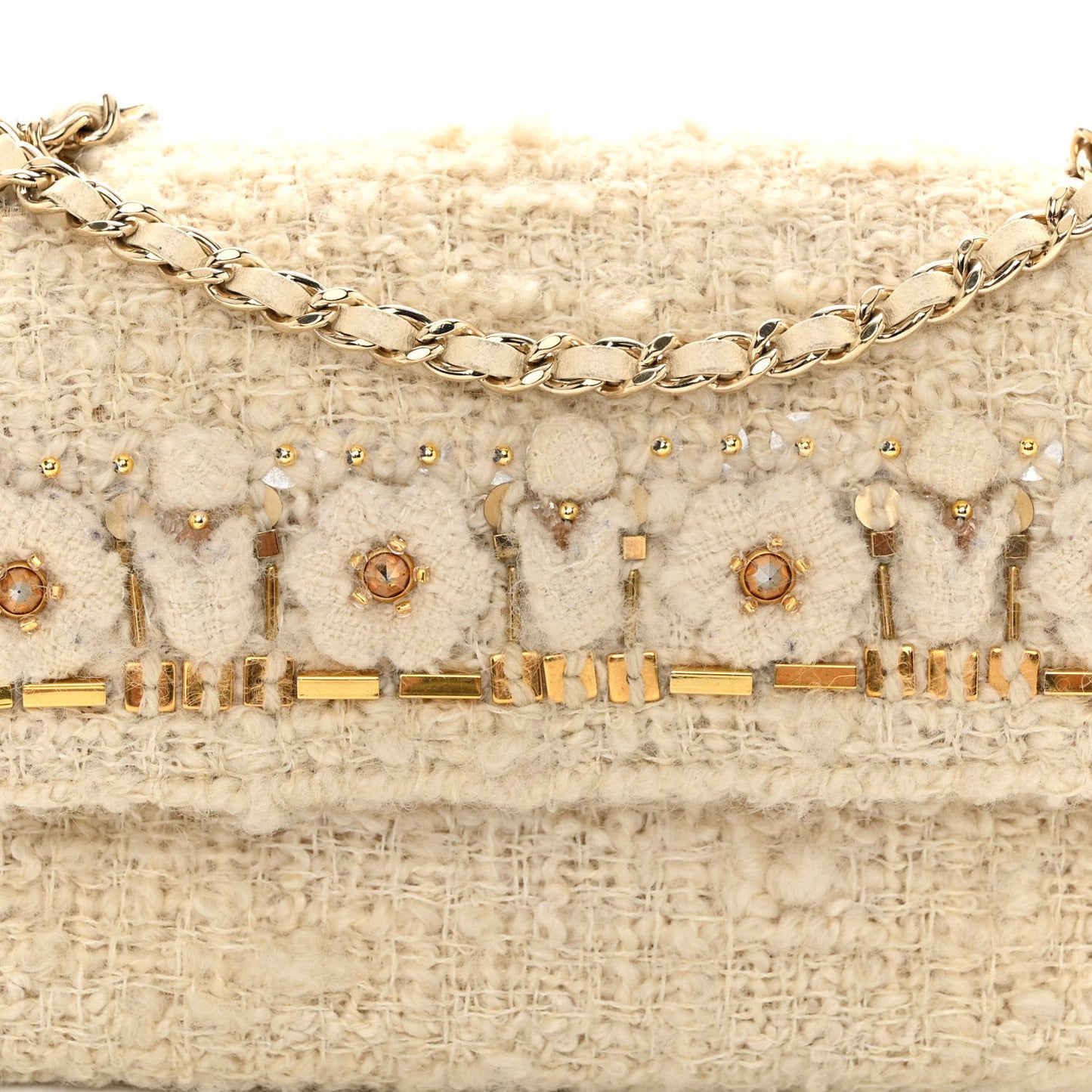 Tweed Flower Embroidered Flap Bag Ecru White