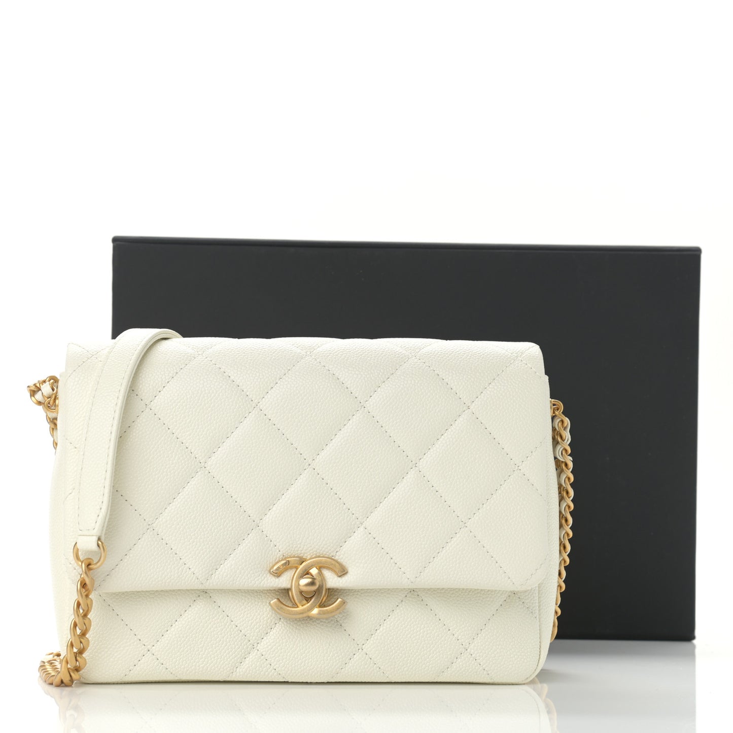 Shiny Caviar Quilted Small Chain Melody Flap White