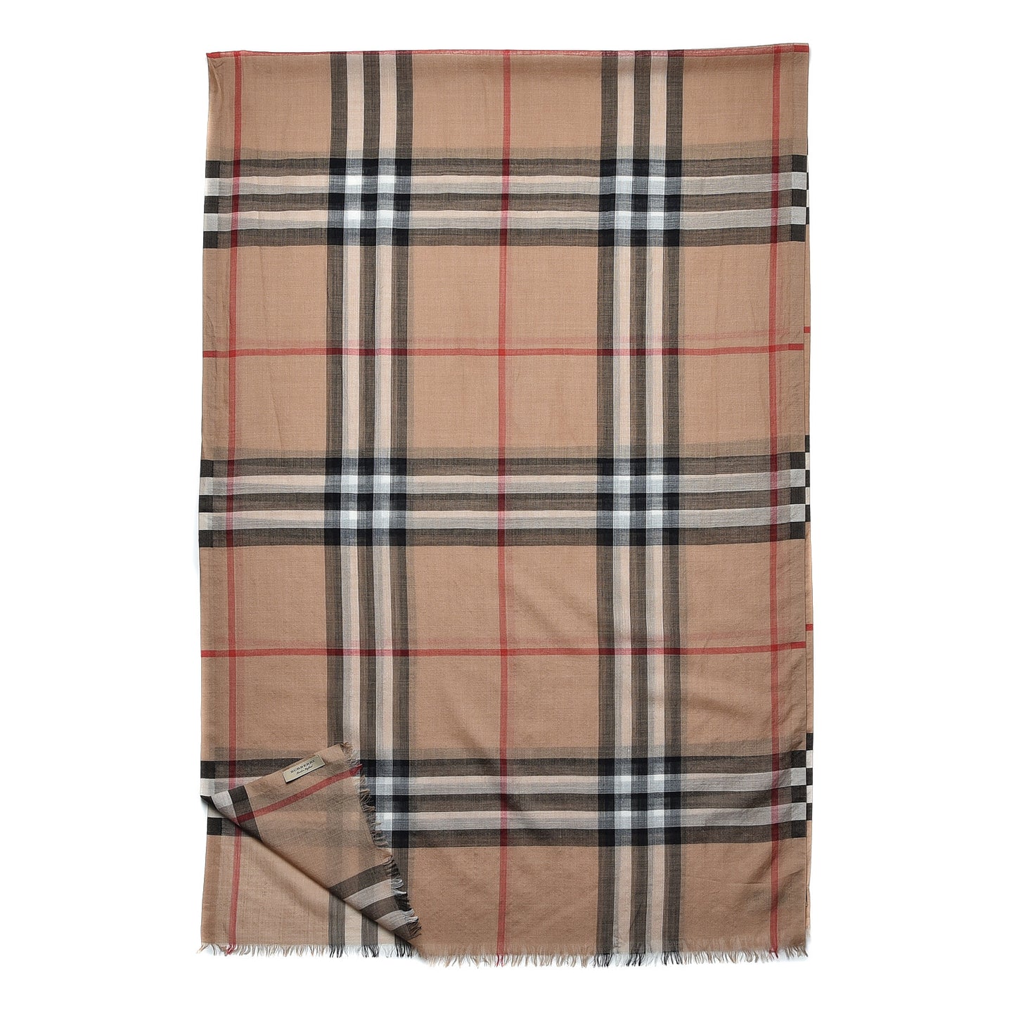 Wool Silk Gauze Giant Check Scarf Camel