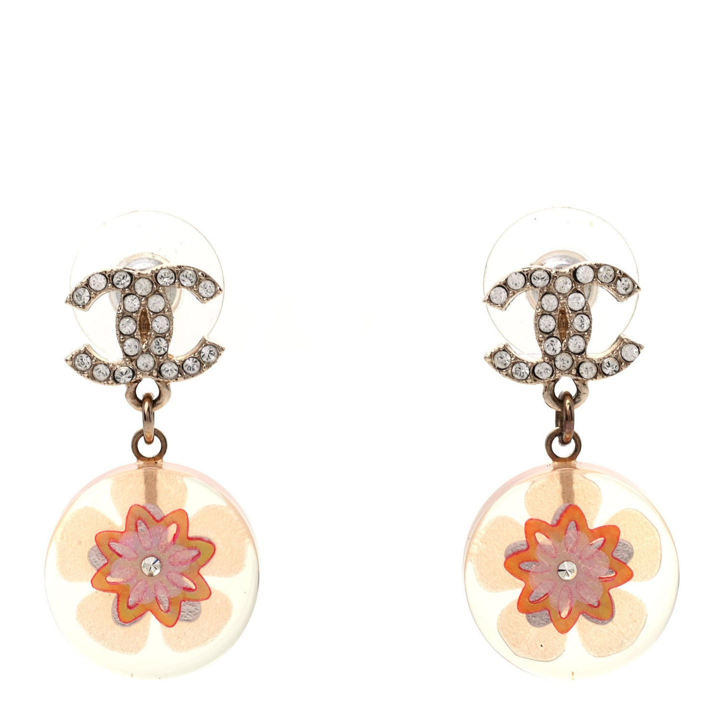Resin Crystal CC Flower Drop Earrings Gold Transparent Pink