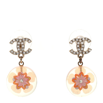Chanel Resin Crystal CC Flower Drop Earrings Gold Transparent Pink 1 of 4