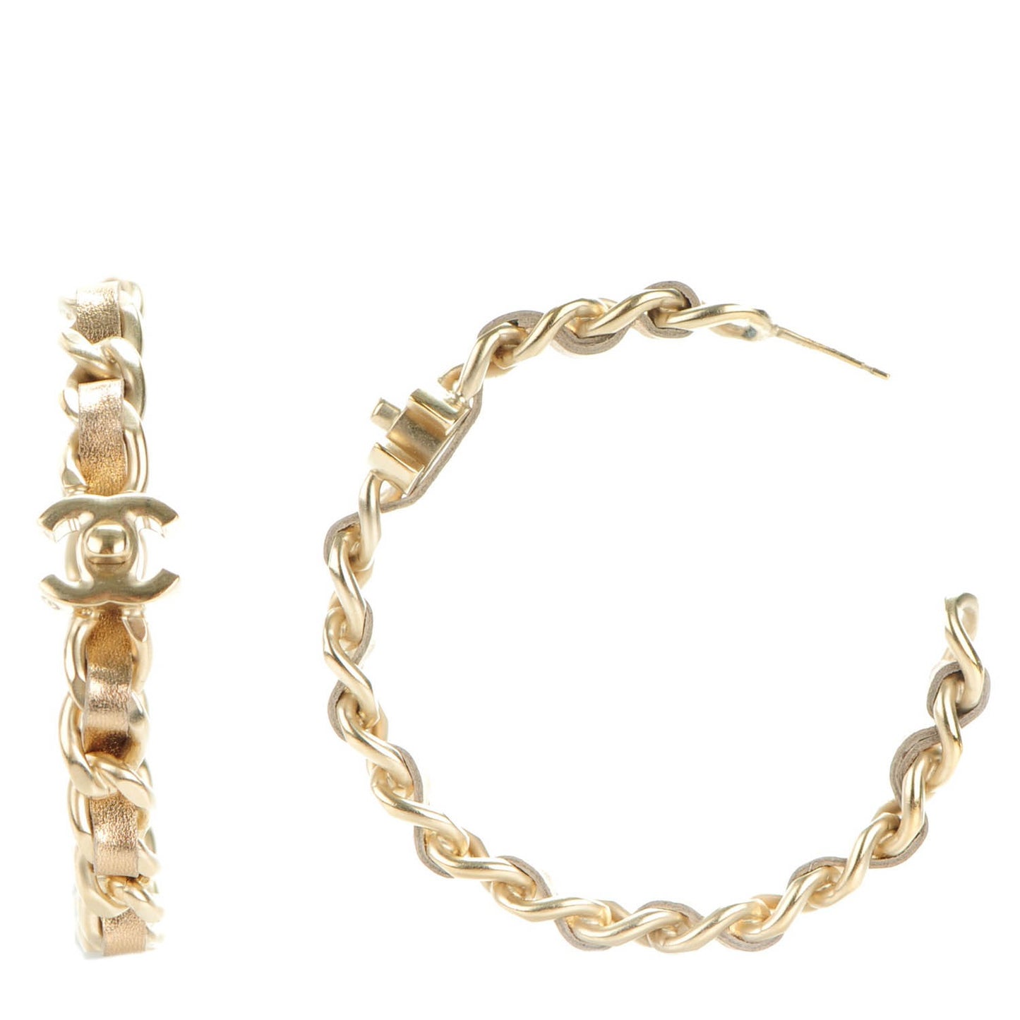 Metal Lambskin CC Turnlock Chain Hoop Earrings Matte Gold