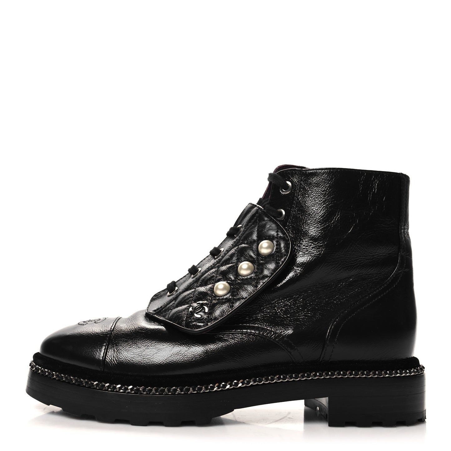 Crackled Calfskin Velvet Pearl Combat Short Boots 40 Black