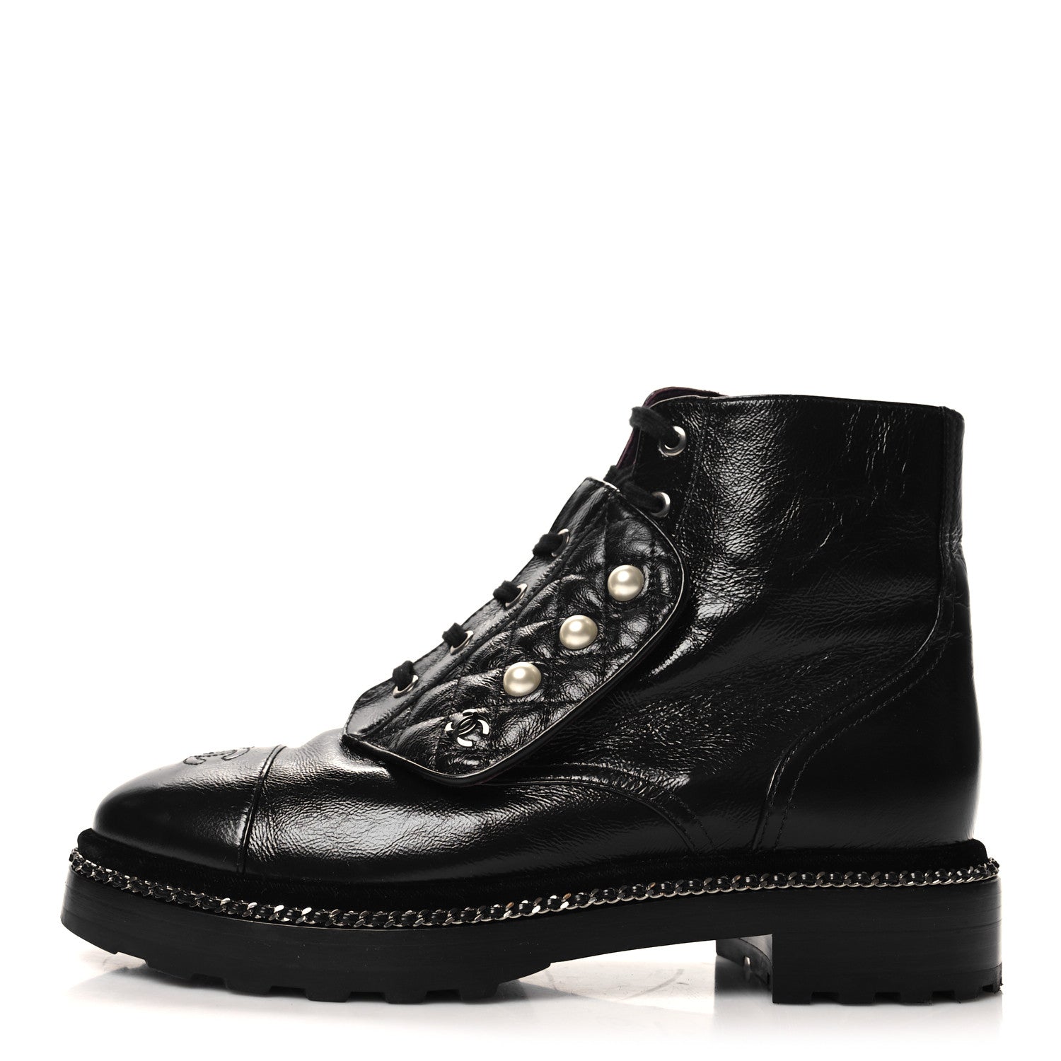 Chanel Crackled Calfskin Velvet Pearl Combat Short Boots 40 Black 1 of 10