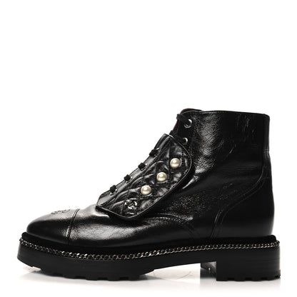 Chanel Crackled Calfskin Velvet Pearl Combat Short Boots 40 Black 1 of 10