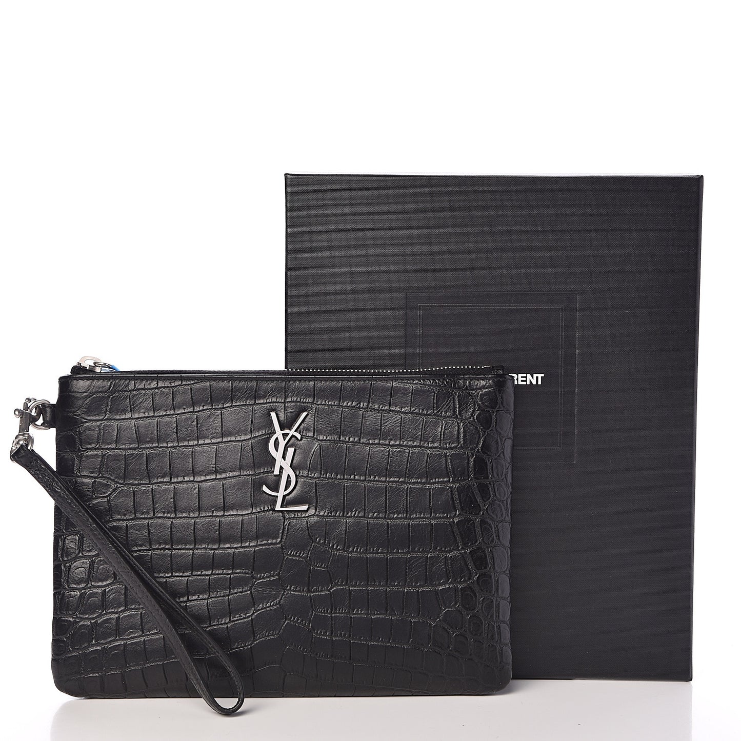 Calfskin Crocodile Embossed Monogram Zip Pouch Black
