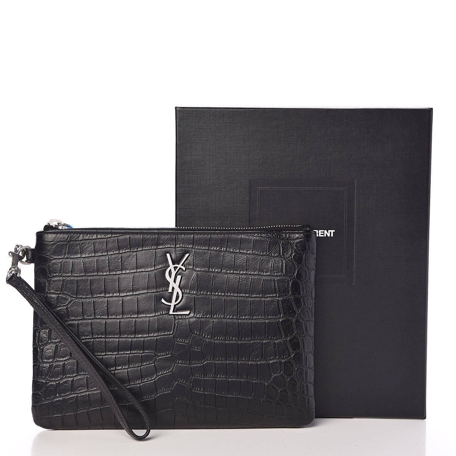Saint Laurent Calfskin Crocodile Embossed Monogram Zip Pouch Black 8 of 8
