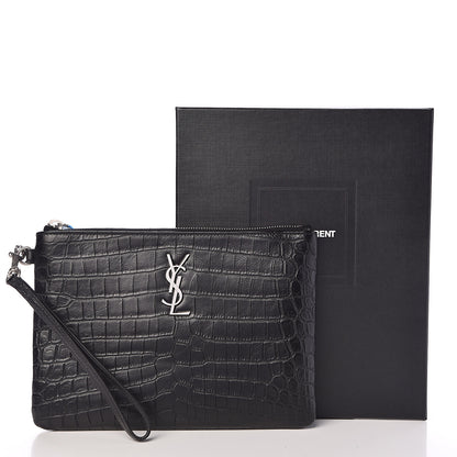 Saint Laurent Calfskin Crocodile Embossed Monogram Zip Pouch Black 8 of 8