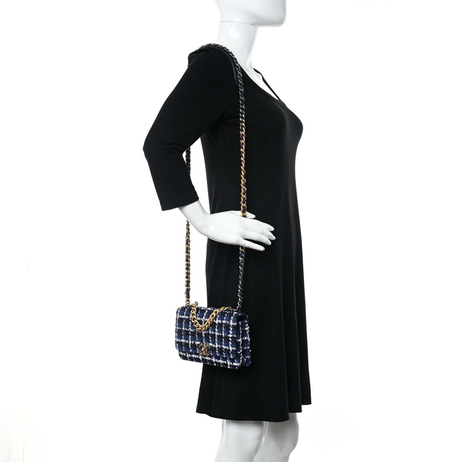 Chanel Tweed Quilted Chanel 19 Wallet On Chain WOC Blue White Navy Blue 2 of 12