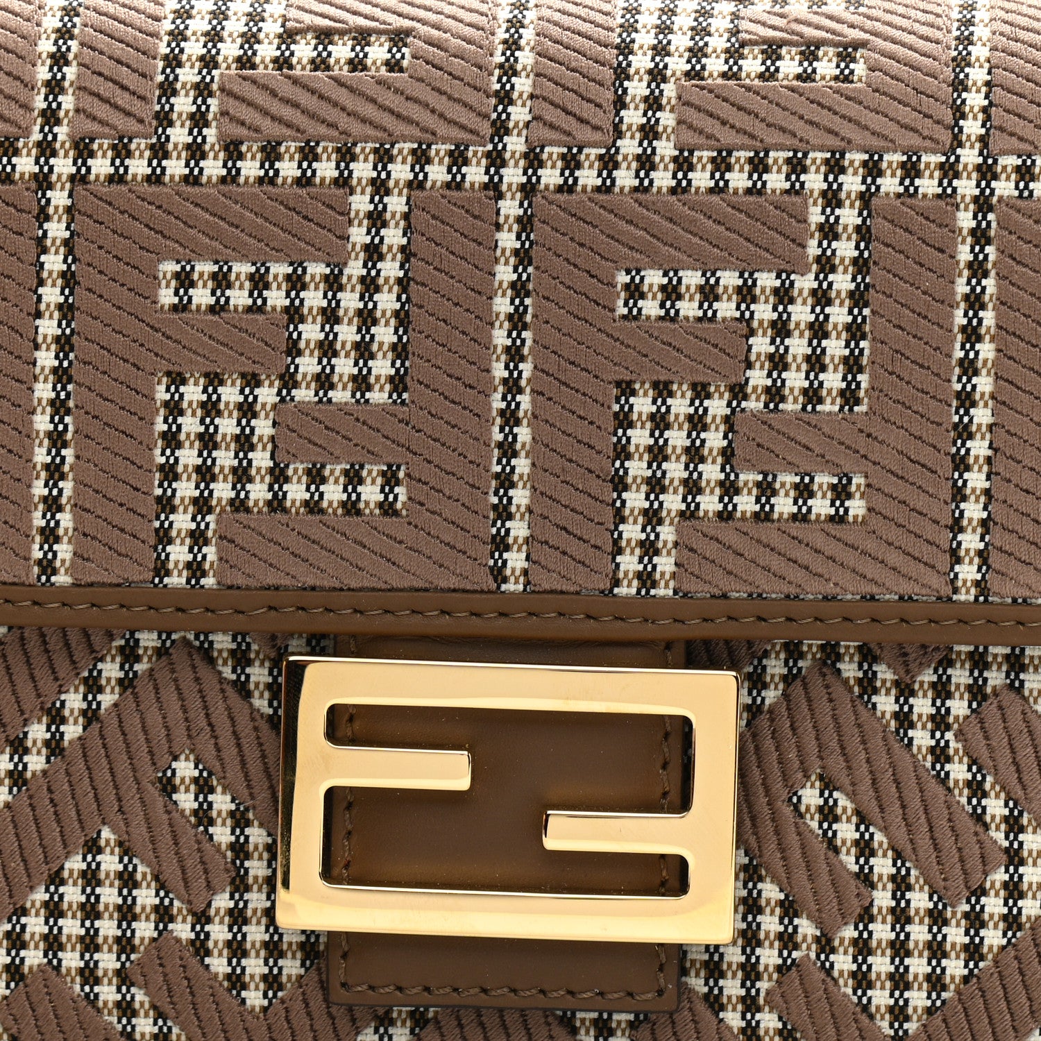 Fendi Wool Vitello King Houndstooth FF Embroidered Baguette Beige Moro 8 of 9