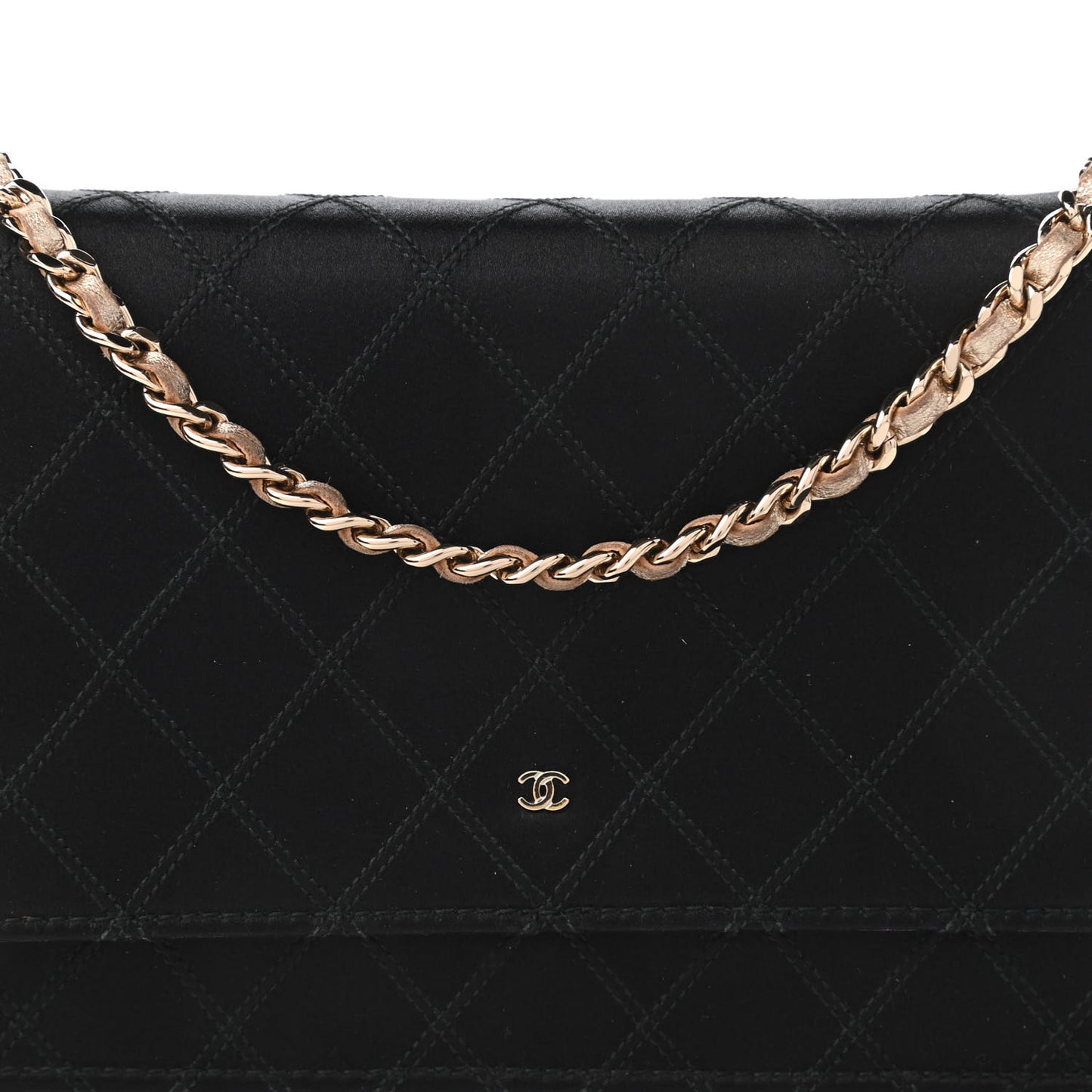 Satin Diamond Stitch Wallet On Chain WOC Black Gold
