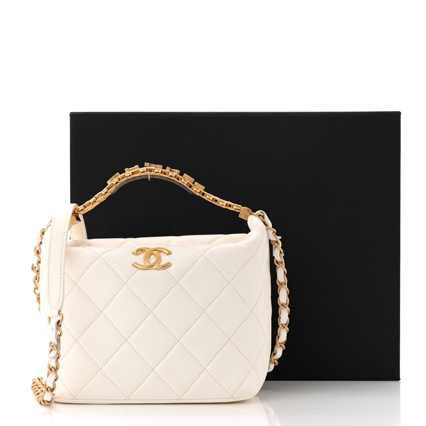 Lambskin Quilted CC Crystal Signature Chain Hobo White