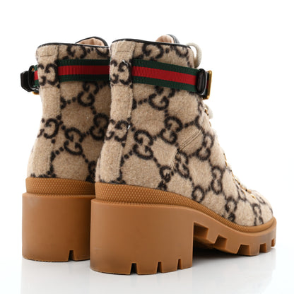 Gucci Covered Wool Big GG Monogram Womens Lace Up Combat Ankle Boots 38 Beige Ebony Cocoa 4 of 8