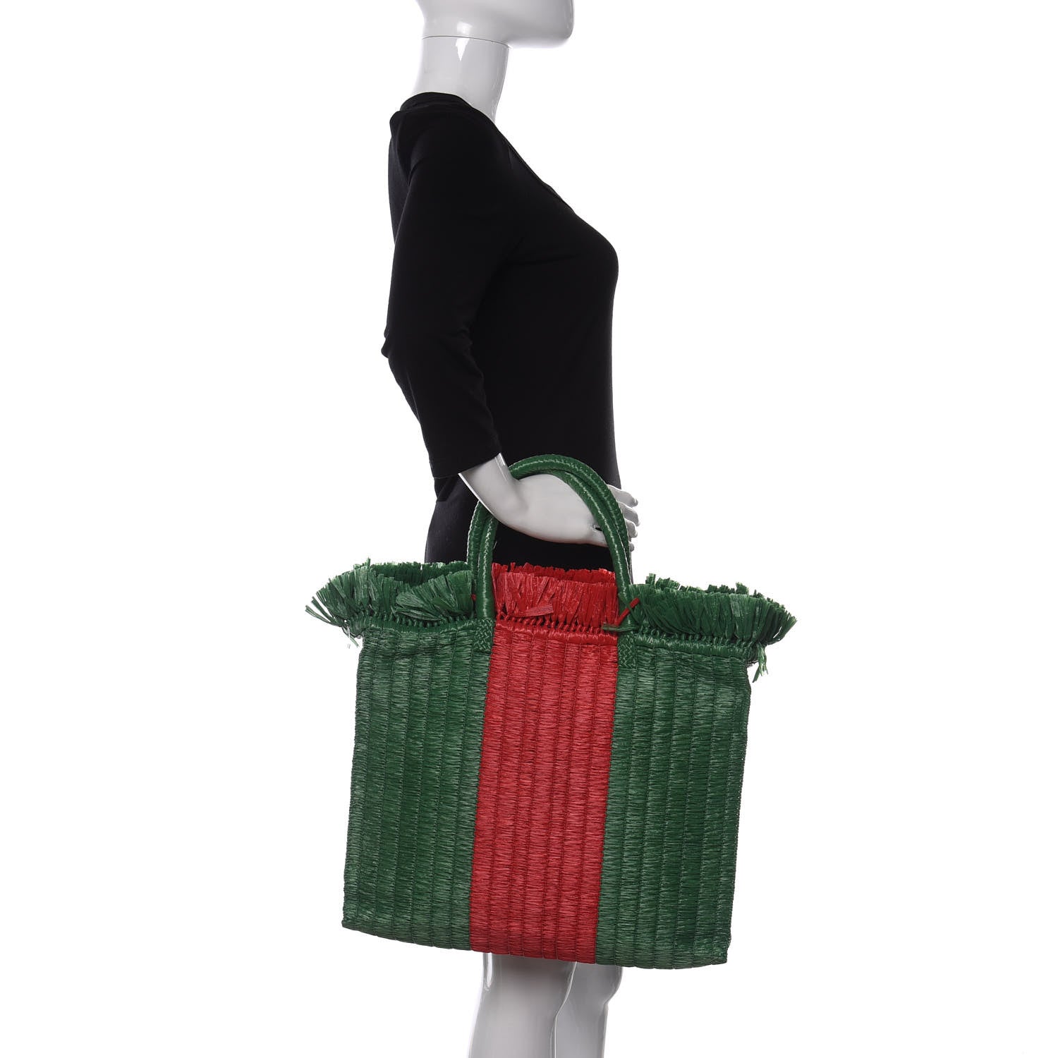 Gucci Raffia Linen Web Cestino Tote Bag Red Green 2 of 11