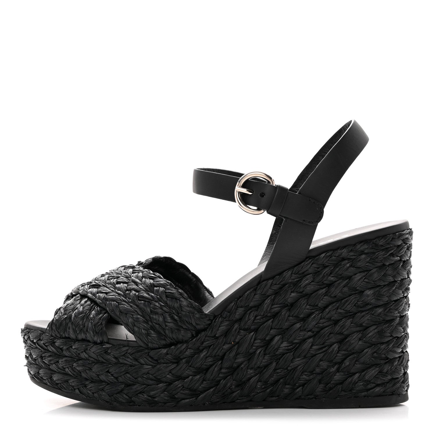 Prada Raffia Crisscross Wedge Sandals 39 Black 1 of 15