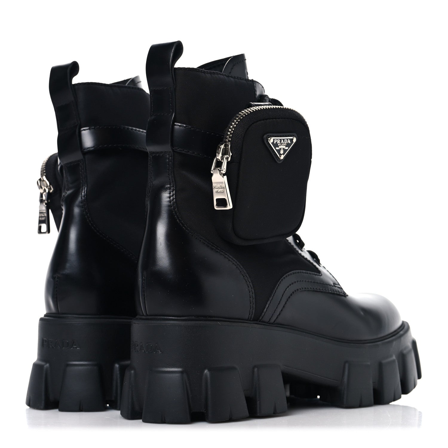 Prada Spazzolato Rois Nylon Metal Triangle Logo Monolith Pouch Pocket 55mm Boots 38.5 Black 5 of 9