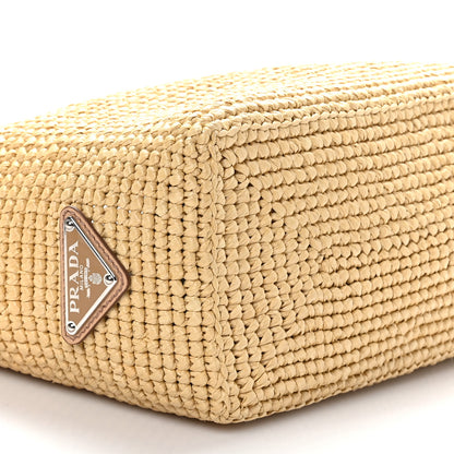 Prada Yarn Raffia Effect Crochet Vitello Logo Shopping Tote Naturale White 8 of 9