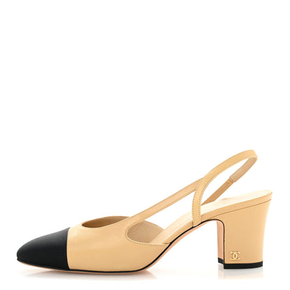 Chanel Goatskin Grosgrain Cap Toe CC Slingback Pumps 38 Beige Black 1 of 10