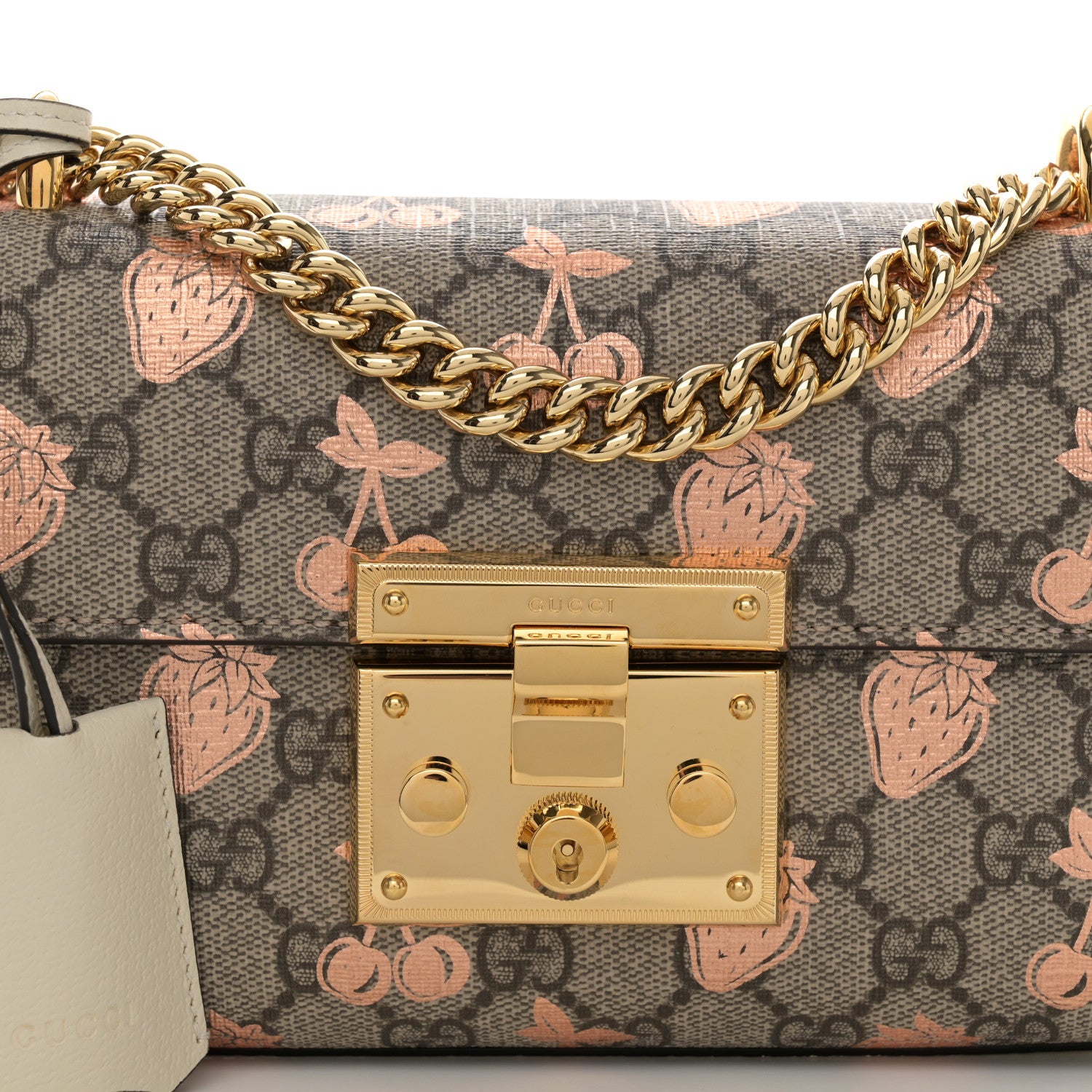 Gucci GG Supreme Monogram Berry Textured Dollar Calfskin Small Padlock Shoulder Bag Beige Ebony Light Copper Mystic White 8 of 11