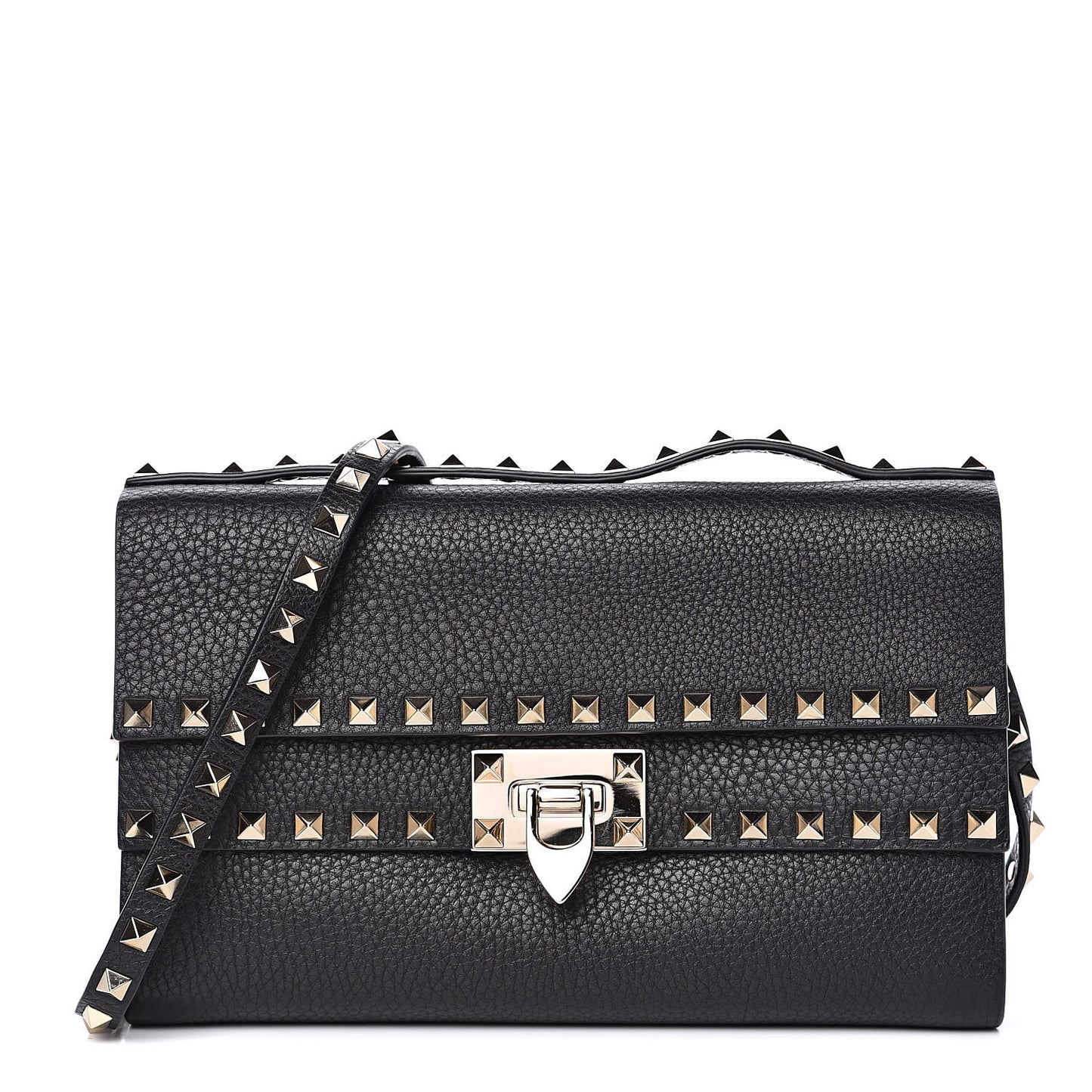 Grainy Calfskin Rockstud Double Flap Crossbody Bag Black