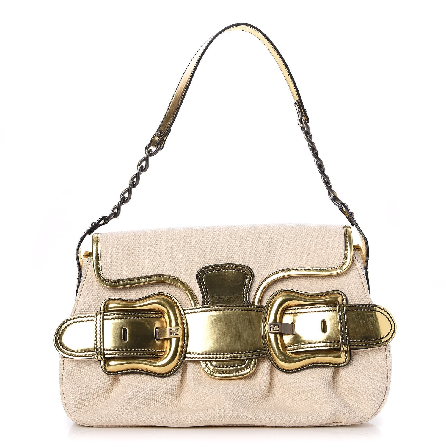 Fendi Metallic Leather Canvas B Bis Flap Bag Ivory 1 of 9