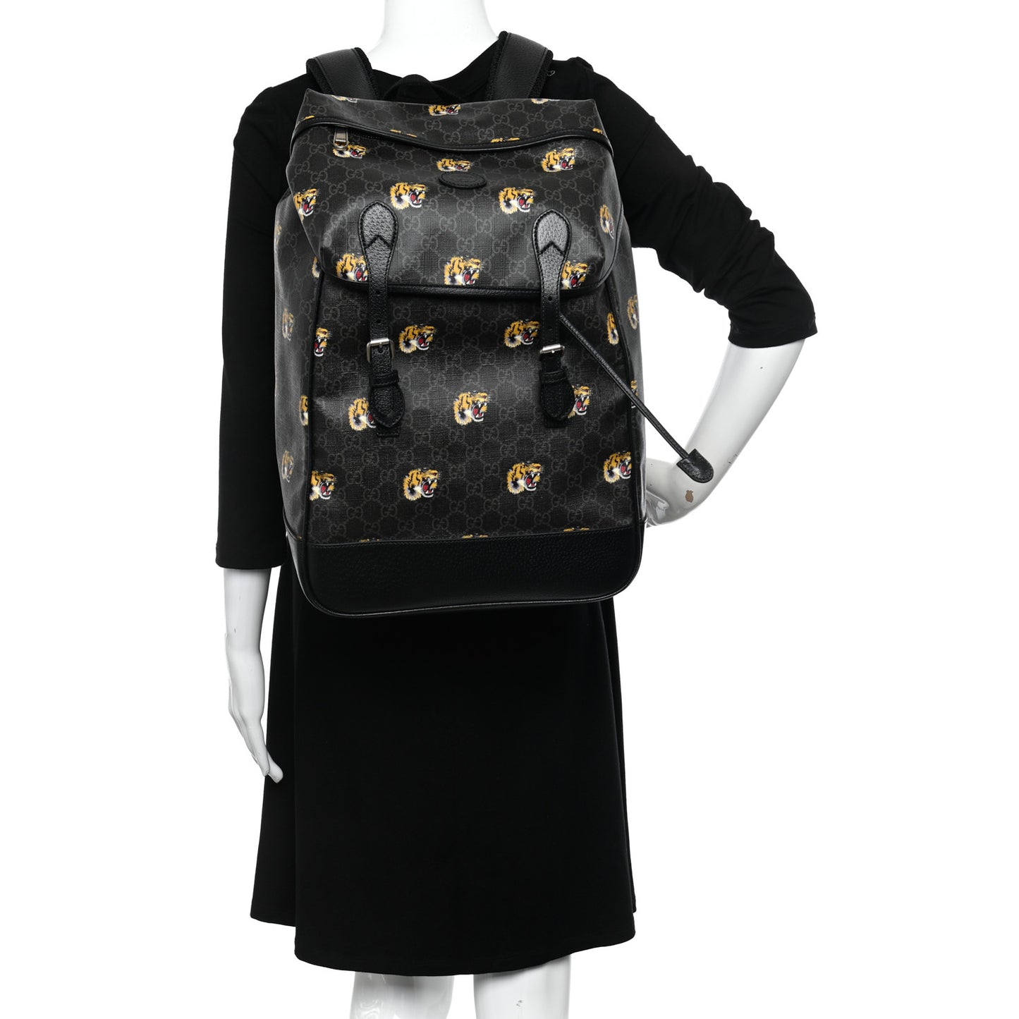 GG Supreme Monogram Azalea Calfskin Tigers Medium Retro Interlocking G Backpack Black