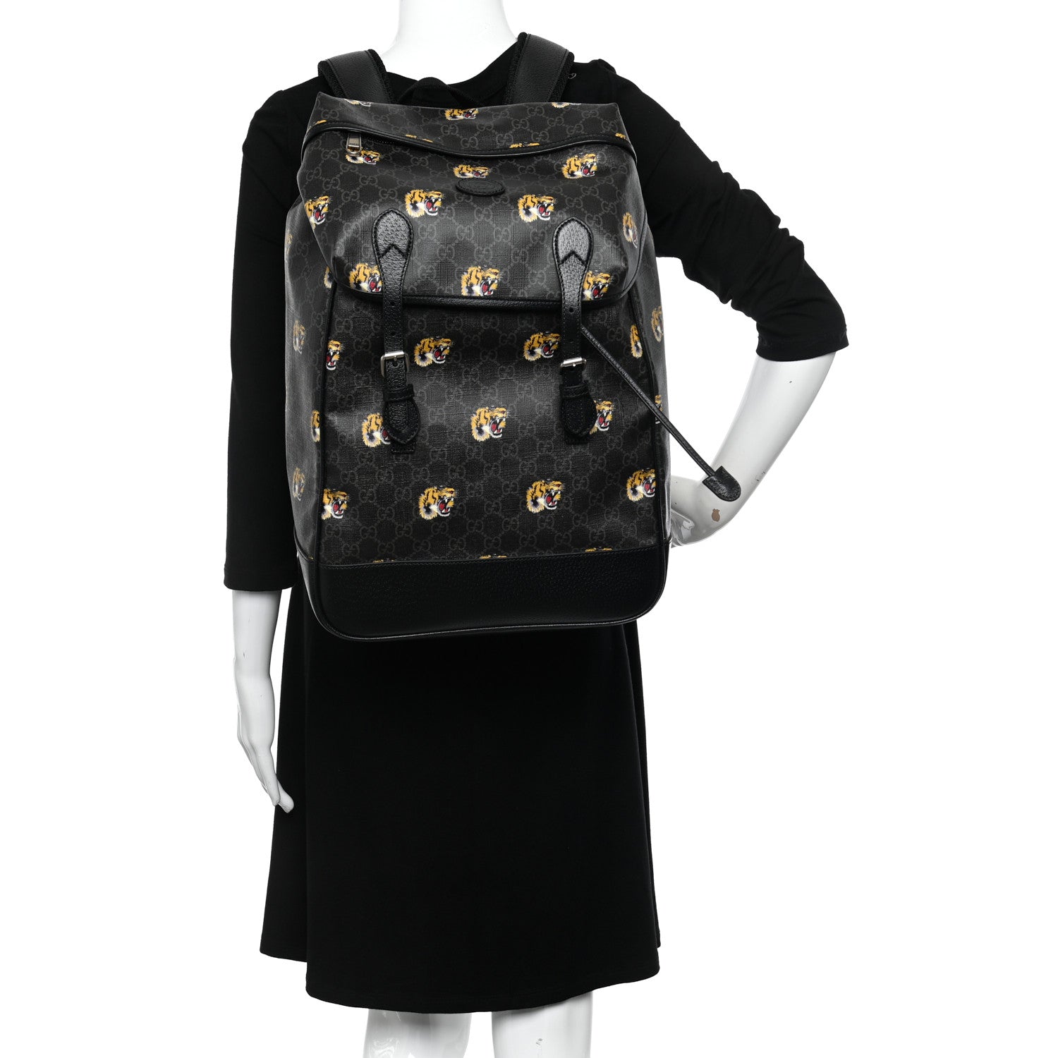Gucci GG Supreme Monogram Azalea Calfskin Tigers Medium Retro Interlocking G Backpack Black 2 of 10
