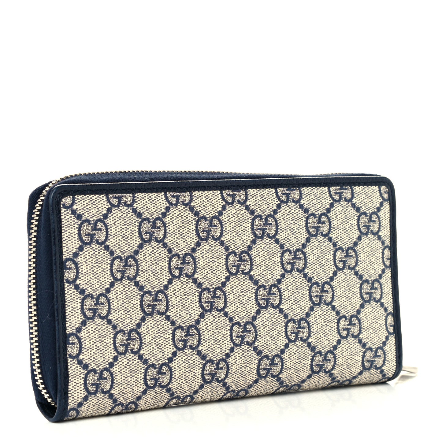 GG Supreme Monogram Textured Dollar Calfskin Retro Interlocking G Zip Around Wallet Beige Blue