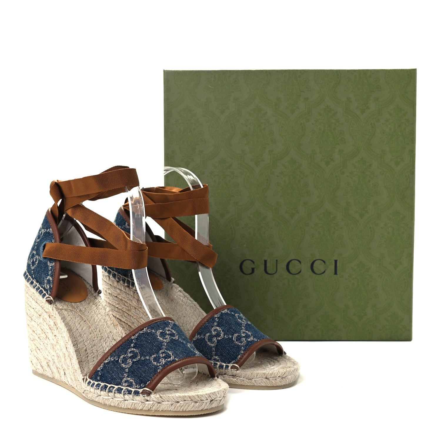 Gucci Denim GG Monogram Ankle Wrap Platform Espadrille Wedges 38.5 Blue Tea Cuir 14 of 14