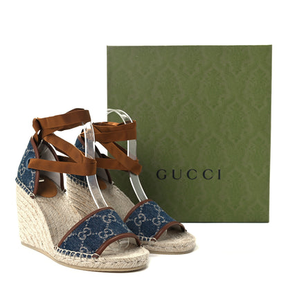 Gucci Denim GG Monogram Ankle Wrap Platform Espadrille Wedges 38.5 Blue Tea Cuir 14 of 14