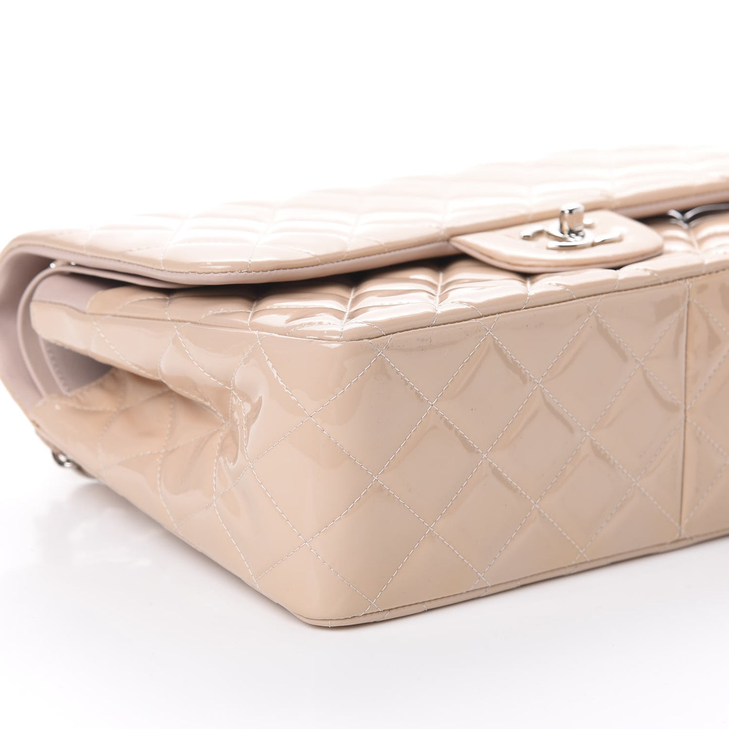 Patent Calfskin Quilted Jumbo Double Flap Beige