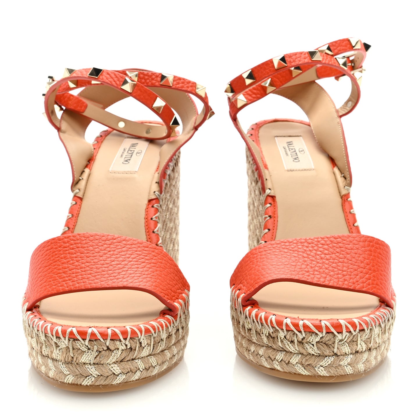 Grained Calfskin Rockstud Ankle Strap Espadrille Wedge Sandals 40 Titian Natural