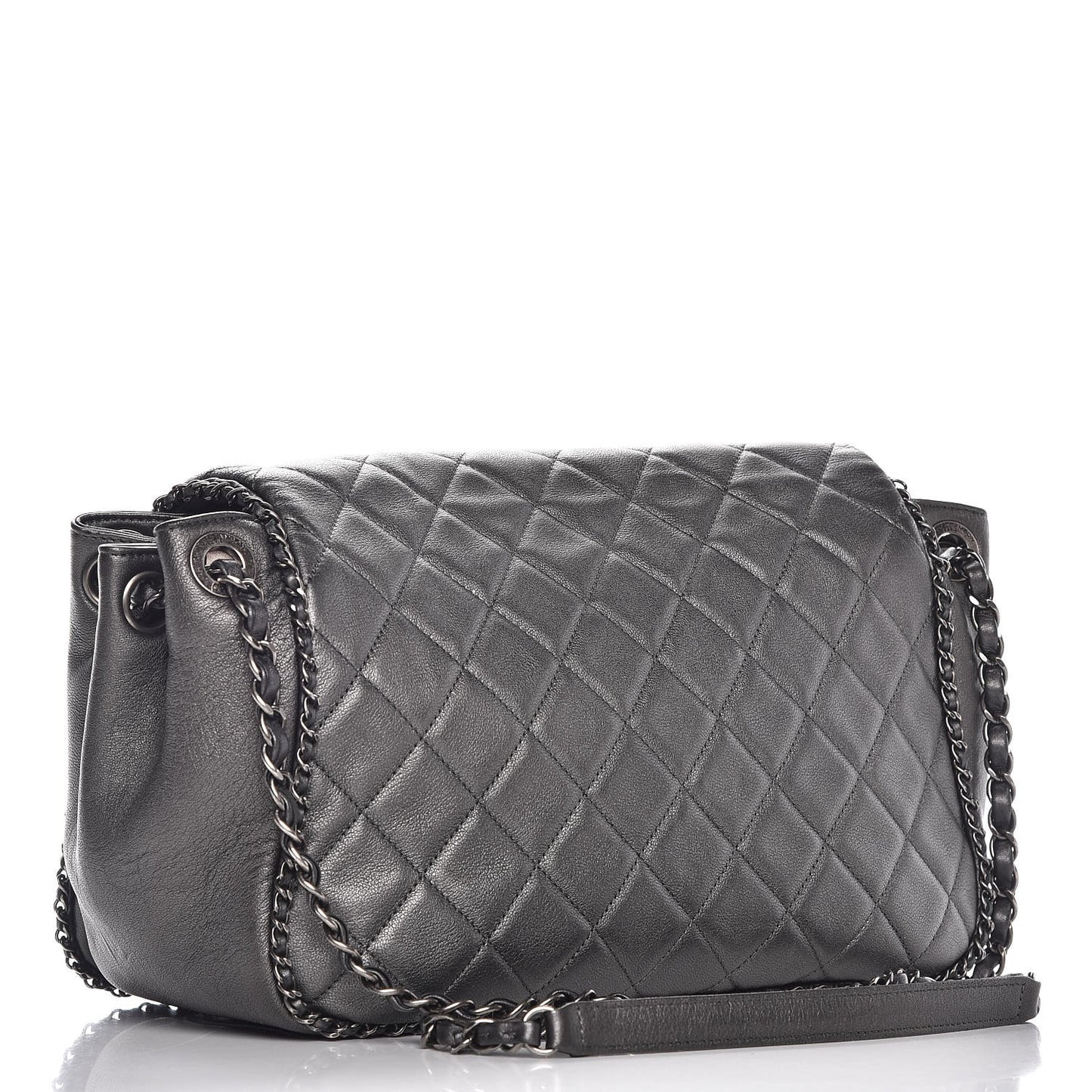Metallic Calfskin Quilted Large CC Enchained Accordion Flap Grey