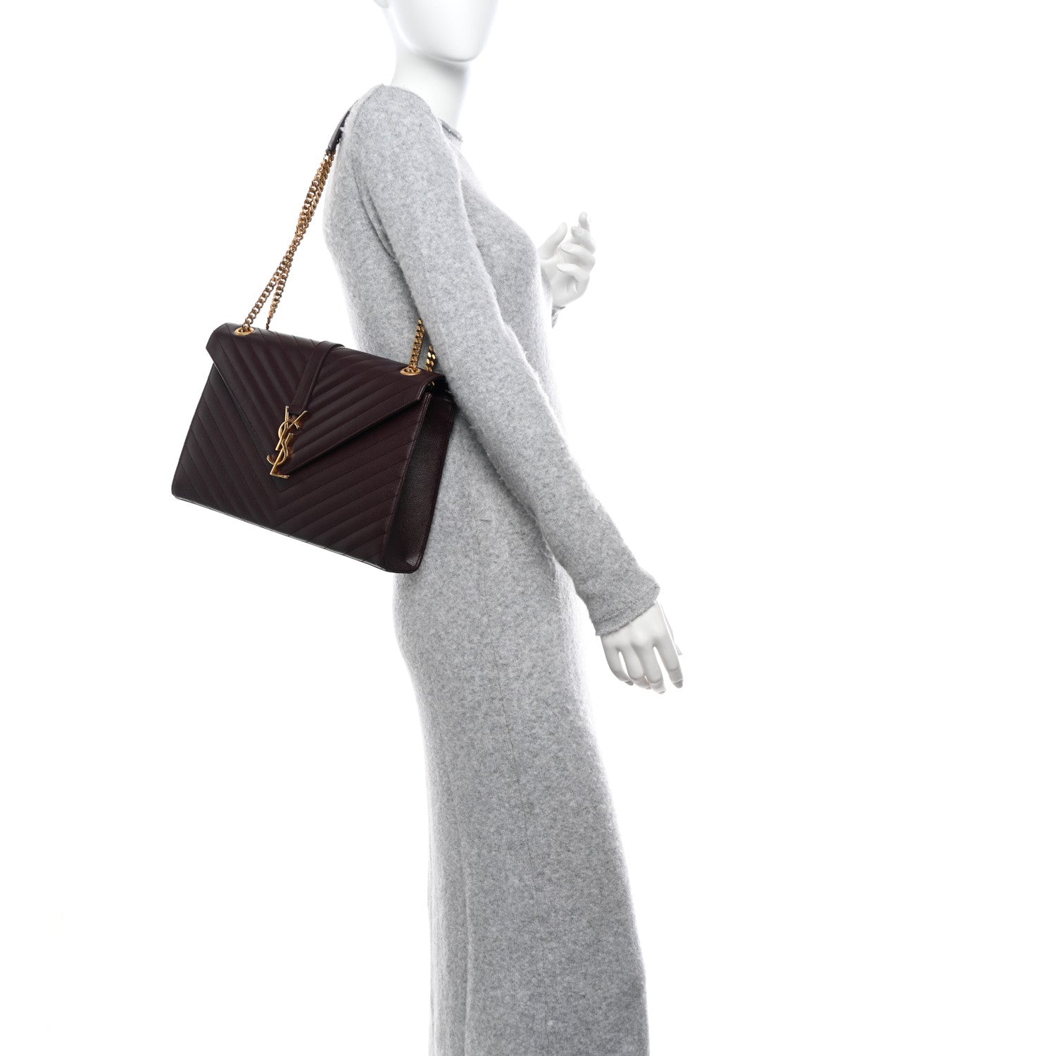 Saint Laurent Grain De Poudre Matelasse Chevron Large Monogram Satchel Rouge Legion 2 of 9