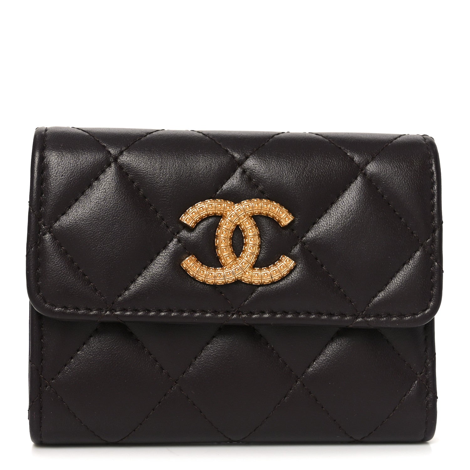 Chanel Lambskin Quilted Textured CC Compact Flap Card Holder Eggplant 1 of 8