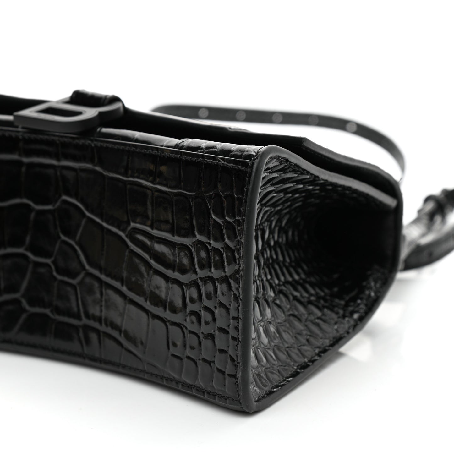 Shiny Calfskin Monochrome Crocodile Embossed Small Hourglass Top Handle Bag Black
