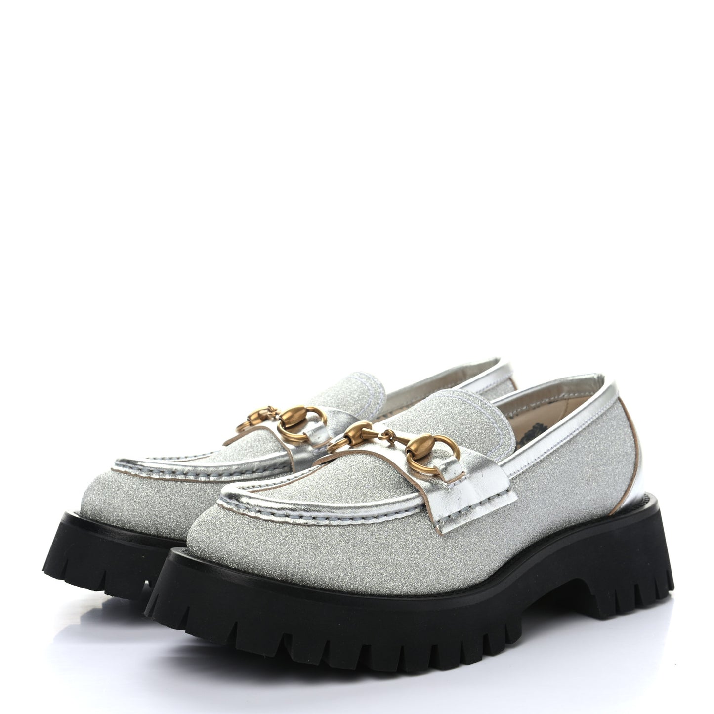 Mini Diamond Storm Silk Calfskin Womens Harald Horsebit 25mm Platform Loafers 36 Silver