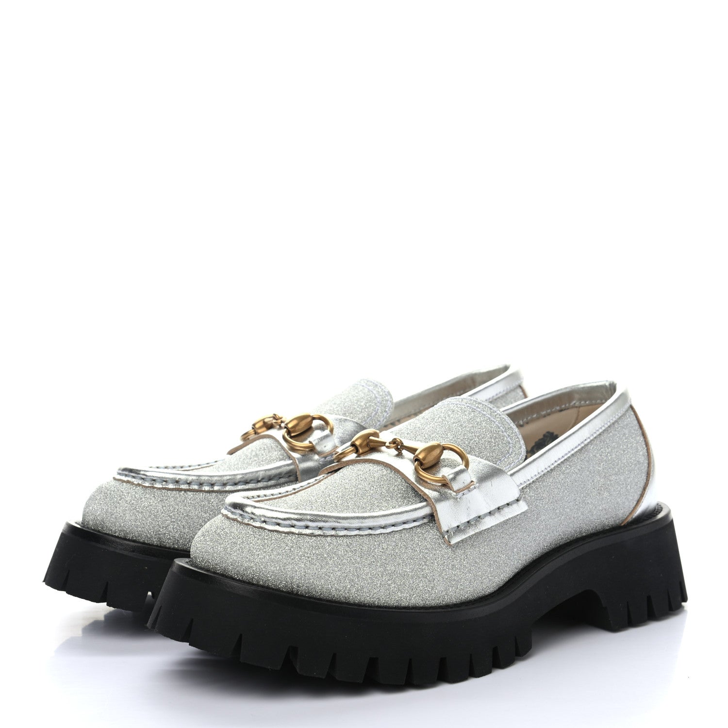 Gucci Mini Diamond Storm Silk Calfskin Womens Harald Horsebit 25mm Platform Loafers 36 Silver 3 of 9