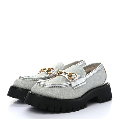 Gucci Mini Diamond Storm Silk Calfskin Womens Harald Horsebit 25mm Platform Loafers 36 Silver 3 of 9