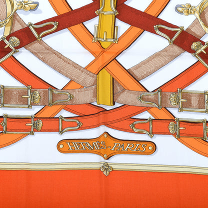Hermes Cashmere Silk Cavalcadour Shawl 140 Orange White Brun 3 of 6