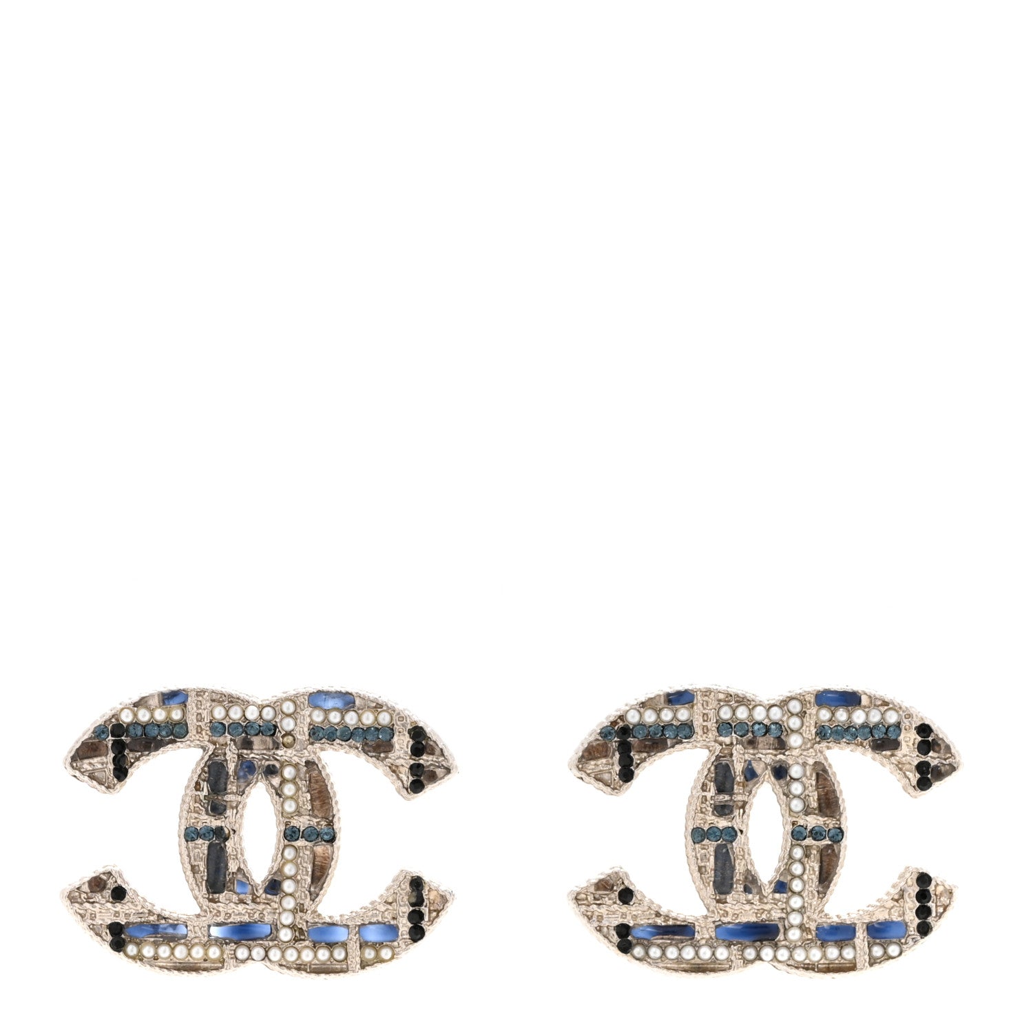 Chanel Resin Crystal Pearl Tweed Effect CC Earrings Silver Blue Pearly White 1 of 5