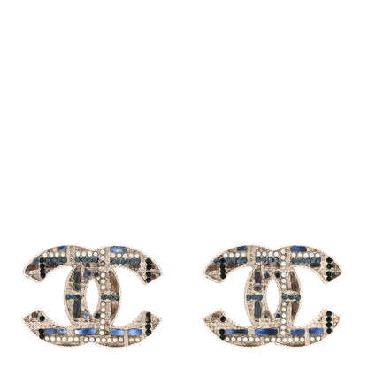 Chanel Resin Crystal Pearl Tweed Effect CC Earrings Silver Blue Pearly White 1 of 5