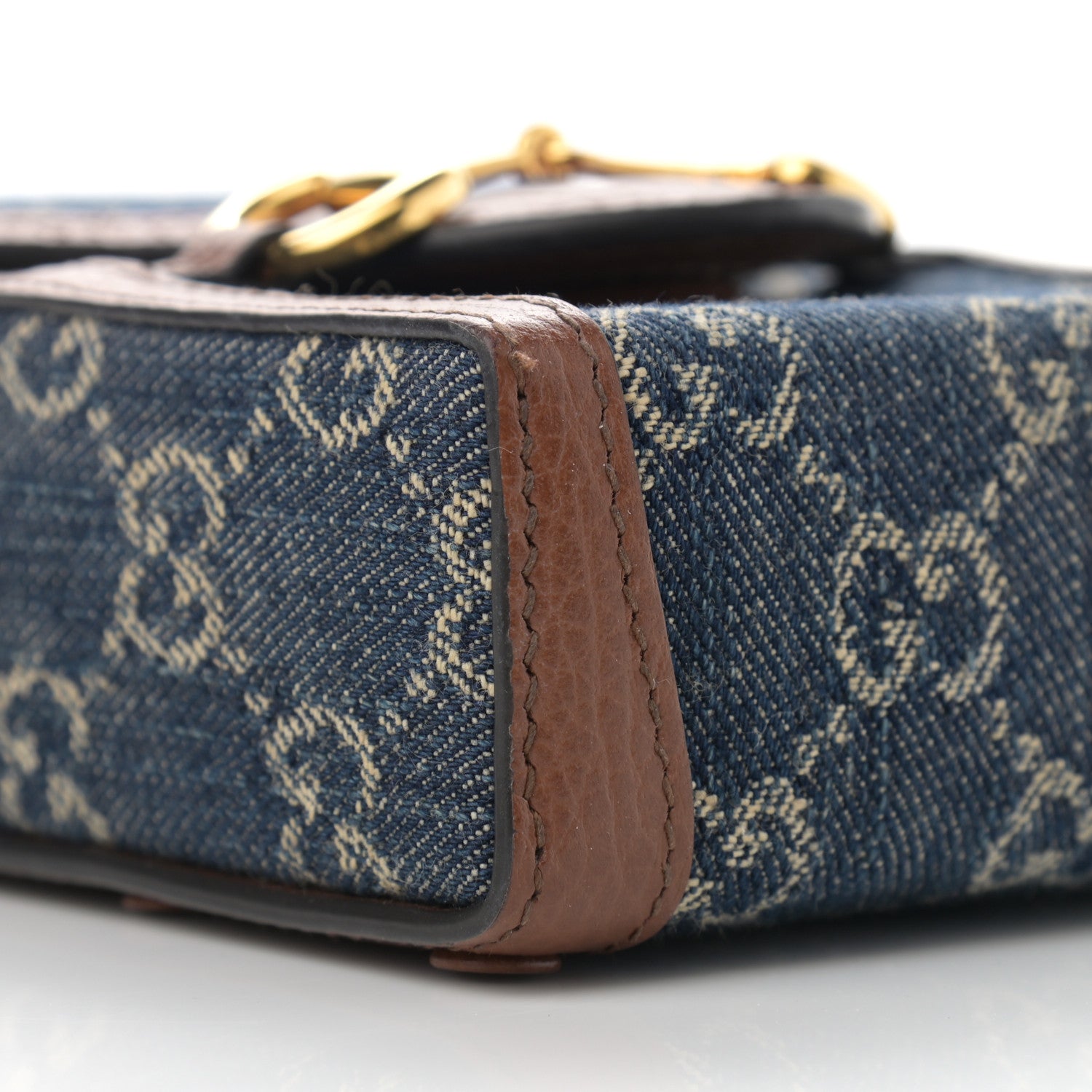 Gucci New Denim GG Monogram Dollar Calfskin Mini Horsebit 1955 Crossbody Bag Blue Tea Cuir Epilog 8 of 12