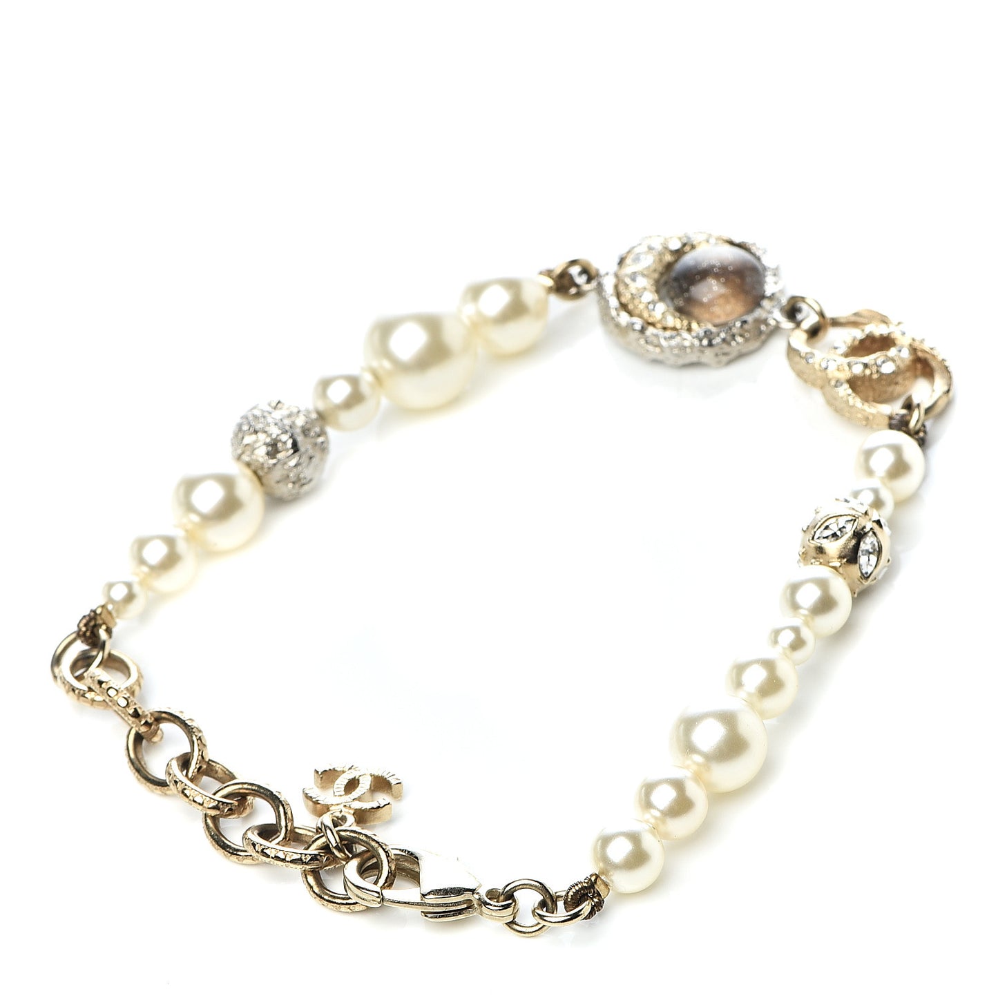 Pearl Crystal CC Moon Bracelet Gold