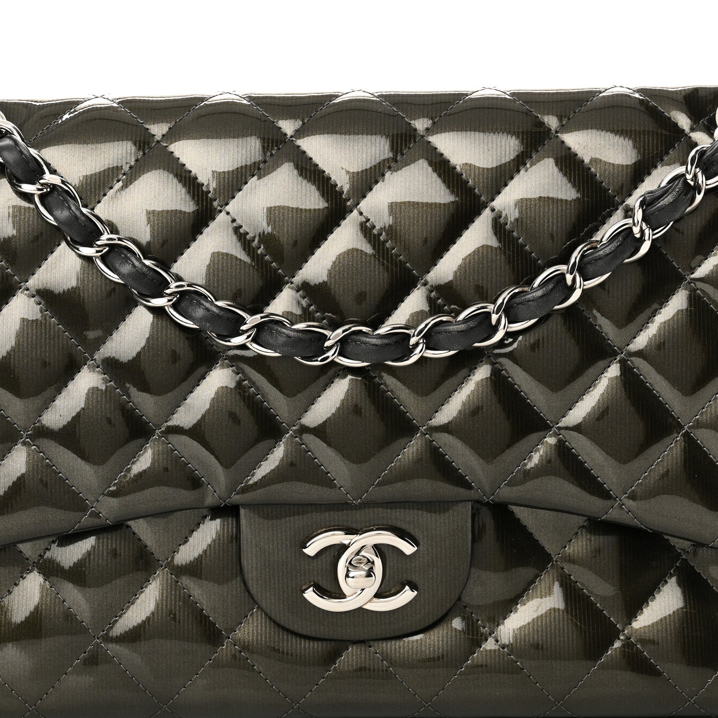 Striated Patent Quilted Jumbo Double Flap  Dark Grey